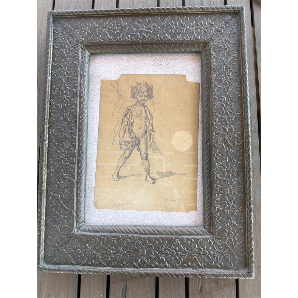 1867 Antique Sketch Gypsy Boy Signed Hungarian National Gallery Label